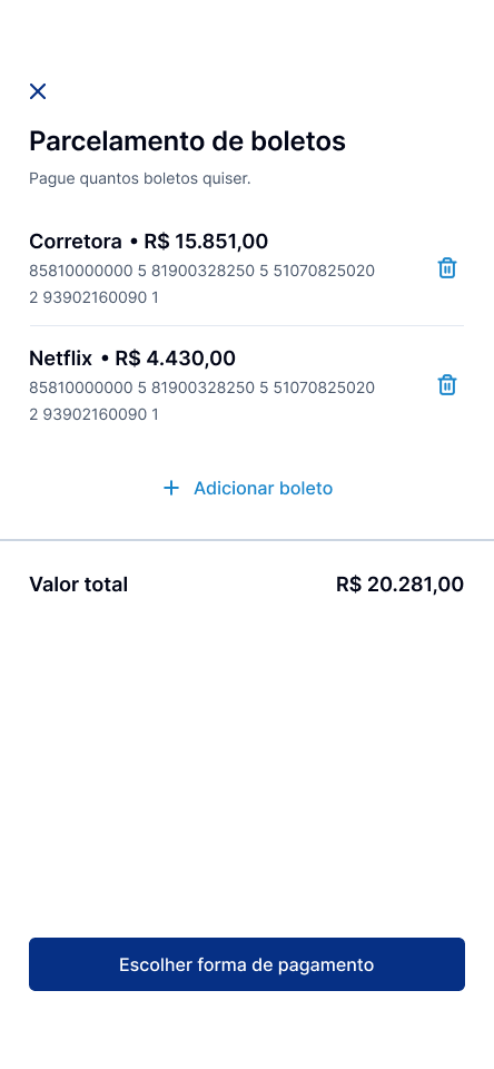 Tela de parcelamento de boletos com valores e botão de pagamento